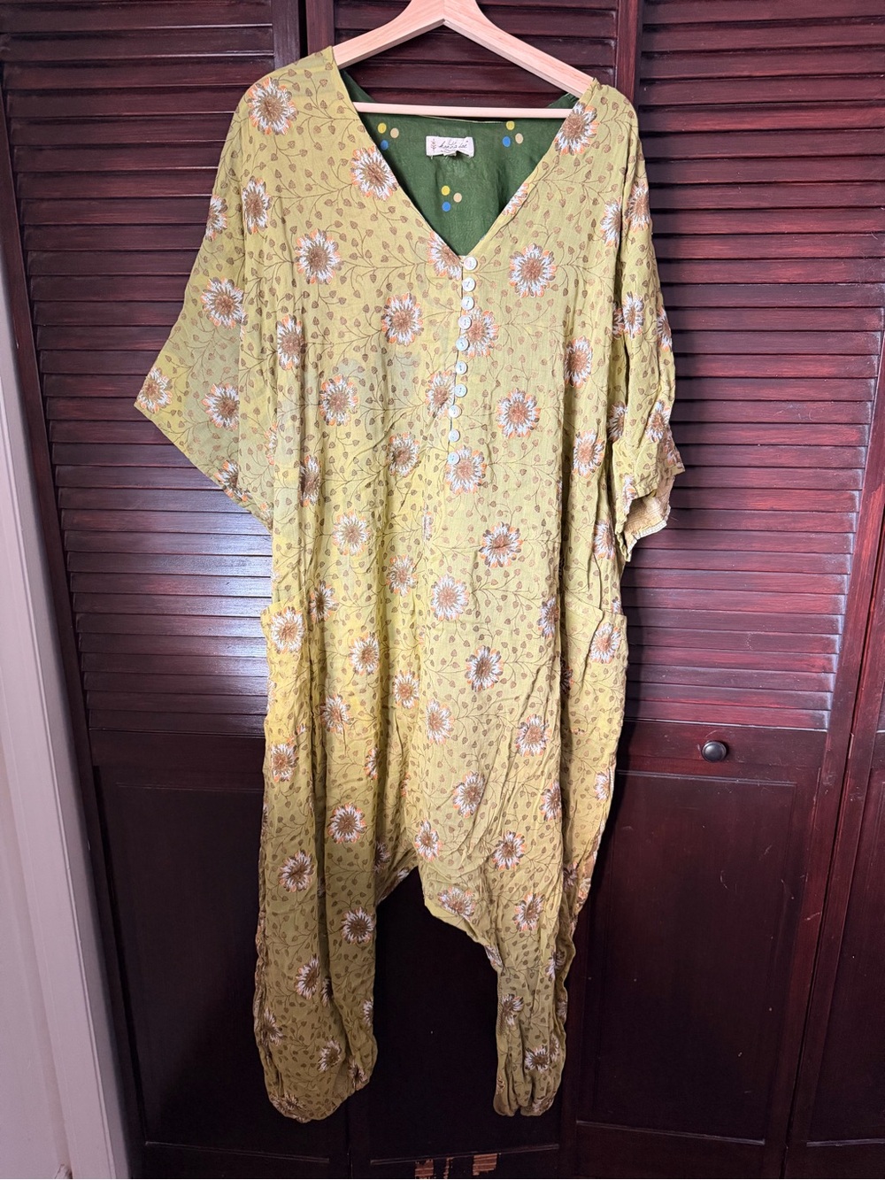 Bohemian Floral V-Neck Olive Green Jumpsuit with Button Front